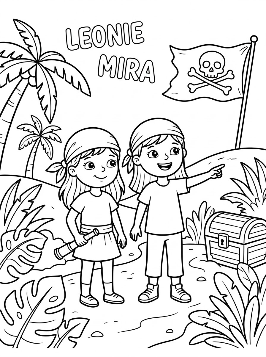 Ausmalbild mit Leonie und Mira, Piratenflagge und Schatztruhe auf einer Insel