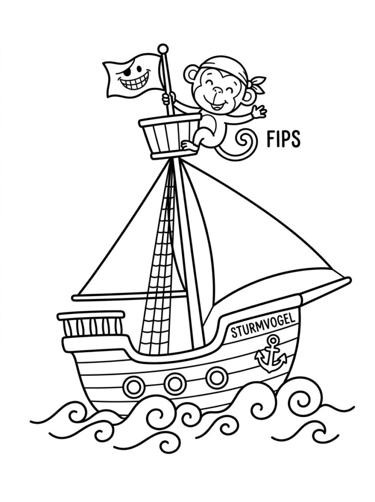 Ausmalbild mit dem Segelboot Sturmvogel und dem Affen Fips