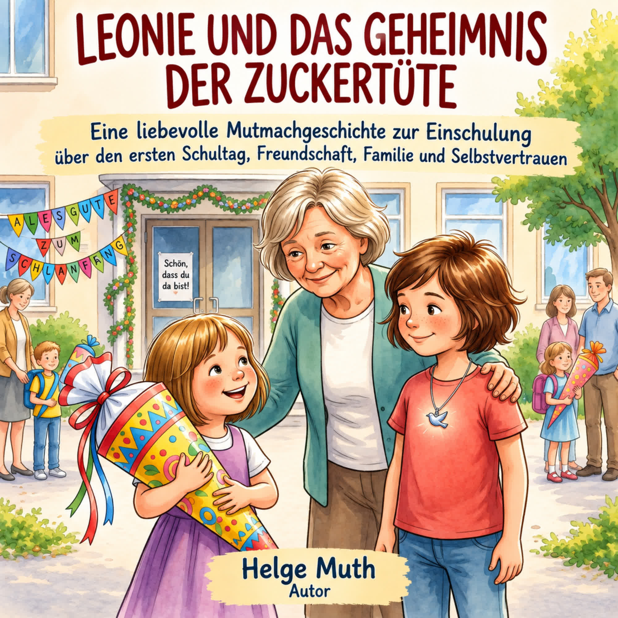Cover von Leonie und das Geheimnis der Zuckertüte: Kinder mit Zuckertüte und Silbervogel-Amulett vor einer Schule, begleitet von einer älteren Frau.