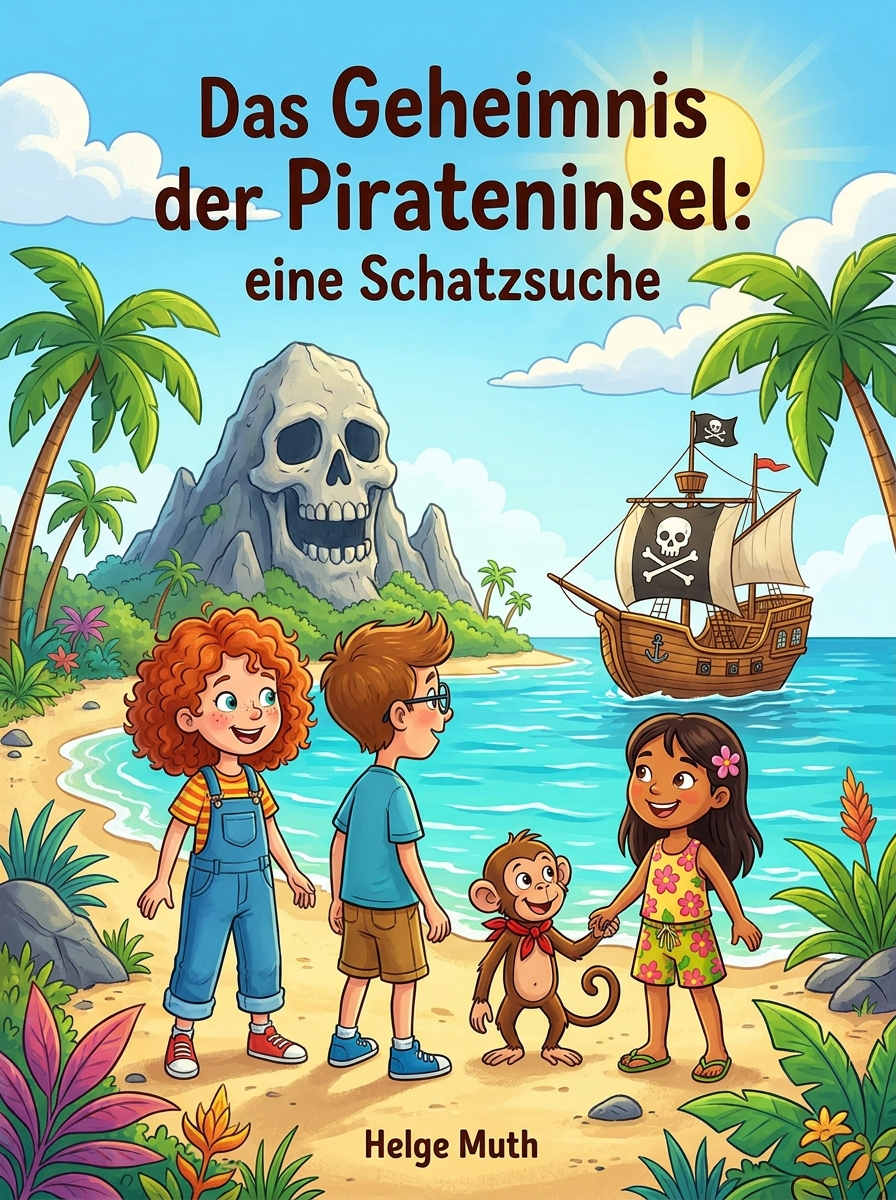 Cover von Das Geheimnis der Pirateninsel: Eine Schatzsuche von Helge Muth. Drei Kinder und ein Äffchen am tropischen Strand vor einem Piratenschiff und einer Insel mit Totenkopffelsen.