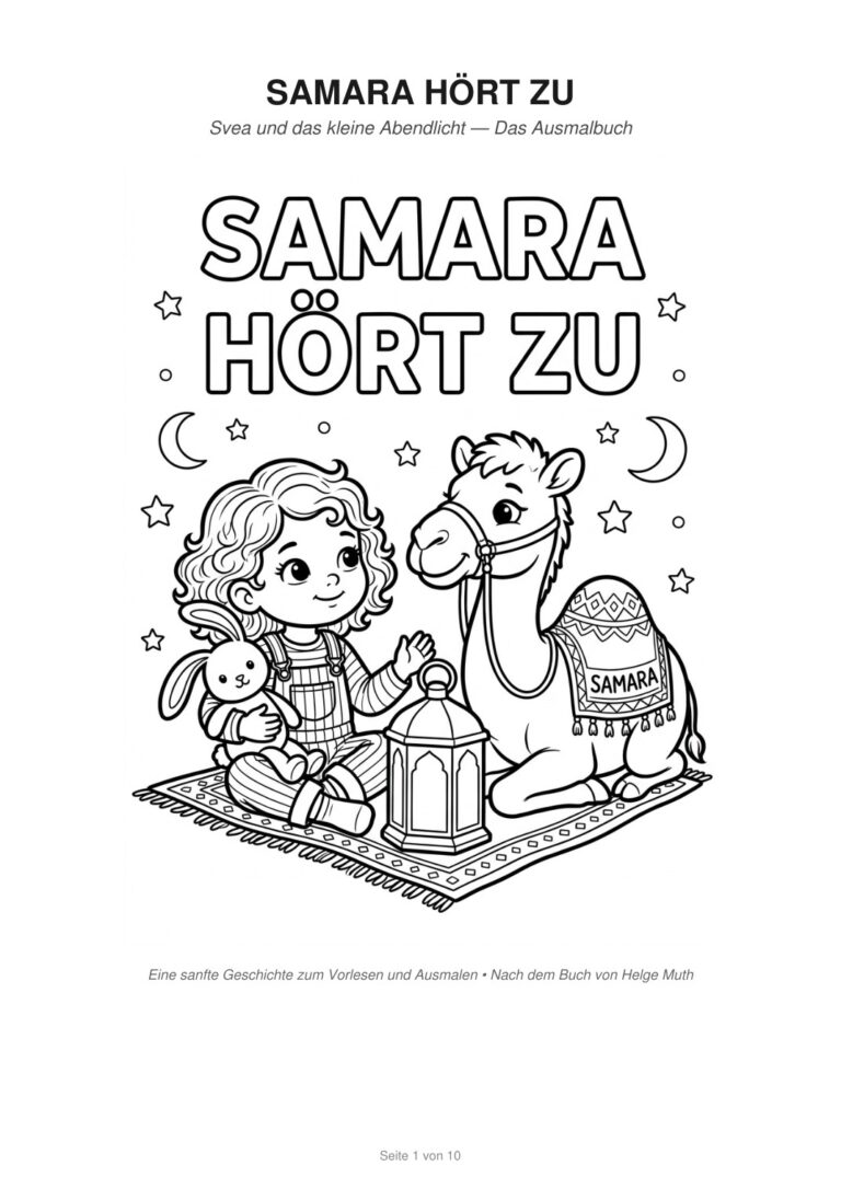 Svea mit blonden Locken, Stoffhase und Laterne neben dem Kamel Samara – Titelmotiv des Ausmalbuchs „Svea und das kleine Abendlicht“.