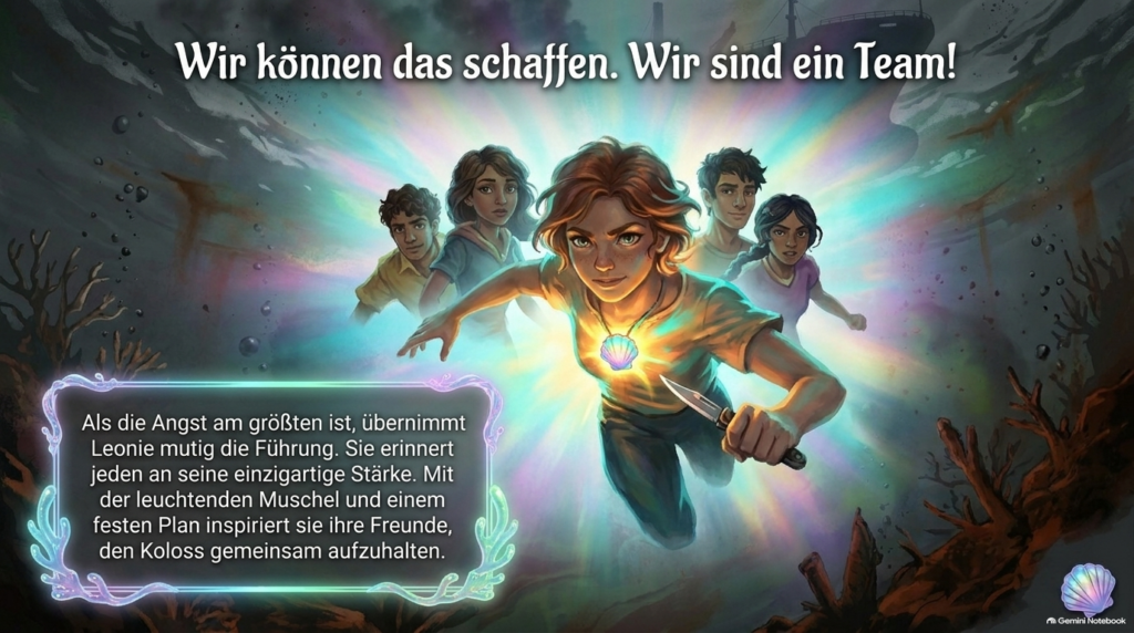 Leonie führt eine Gruppe unter Wasser an. Ihre Muschel leuchtet vor einem dunklen Schiff. Darüber steht: „Wir können das schaffen. Wir sind ein Team!“